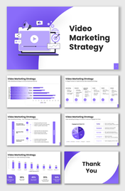 Video marketing strategy slides with purple theme, video player graphics, icons, charts, and clean layouts.
