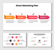 Direct marketing plan slides with colorful arrows, icons, and clear steps for list building, launch, and follow-up.