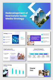 Redevelopment of Real Estate Social Media Strategy slides with blue layouts, city visuals, charts, and clear sections.