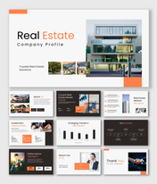 Real Estate company profile slides show modern properties, market insights, clean layouts, and professional design.