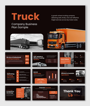 Alt: Overview of a 10-slide Truck Company Business Plan deck featuring dark layouts for logistics, market data, and financials.
