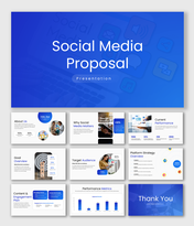 Social media proposal presentation with blue theme, icons, charts, audience goals, platform strategy, and clean layouts.