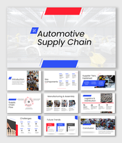 Automotive supply chain presentation with factory visuals, supplier tiers, logistics flow, red-blue layouts.