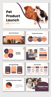 Pet product launch presentation with pet visuals, soft colors, clear pricing, benefits, target customers, and launch plan.