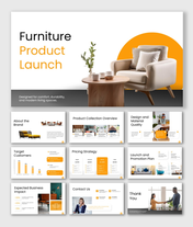 Furniture Product Launch Presentation With Modern Seating, Warm Colors, Clean Layout, And Structured Slides.