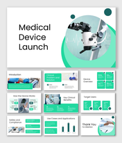 Medical Device Launch Presentation With Microscope Visuals, Green Accents, Clean Layout, And Structured Slides.