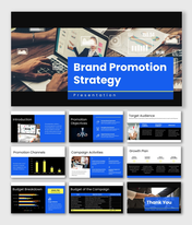 Brand promotion strategy presentation with analytics visuals, blue highlights, structured slides, and data-driven insights.