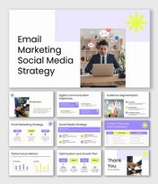 Email marketing social media strategy presentation with laptop visuals, message icons, clean layout, and data-driven slides.