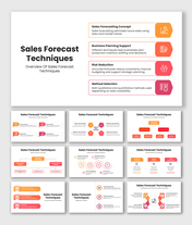 Sales forecast techniques presentation with orange info boxes, charts, method icons, and structured data slides.
