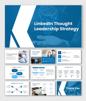 LinkedIn thought leadership strategy presentation with blue theme, audience charts, content pillars, and metrics slides.