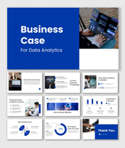 Business case for data analytics presentation with blue theme, KPI charts, risk matrix, and investment slides.