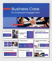 Business case for employee engagement presentation with blue theme, gap analysis, impact metrics, and strategy slides.