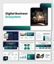 Digital Business Ecosystem presentation with green blue theme, collaboration strategies, trends and performance charts.