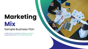 Marketing mix sample business plan slides with charts, pricing, KPIs, and modern blue green layouts for strategy use.