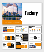 Factory template with orange theme, plant visuals, workflow steps, layout diagrams, icons, and clean layouts for insights.