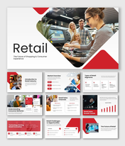 Retail presentation with POS checkout scene, red-white design, charts, and clear text layout for sales and market insights.