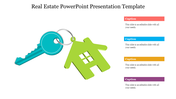 A teal key and green house icon with captions in pink, blue, yellow, and purple, aligned vertically on the right.