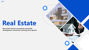 Real estate PowerPoint slide featuring an illustration of a house in a hand with checkmark icons.