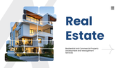 The Real Estate PowerPoint templates show building photos, charts, icons, text boxes, and clean blue white layout shapes.