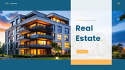 Real Estate PowerPoint design featuring residential images, modern cards, blue accents, organized sections.