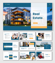 Real Estate PowerPoint design featuring residential images, modern cards, blue accents, organized sections.