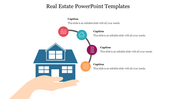 Real estate PowerPoint template featuring a house held by a hand, with four icons connected by lines for captions.