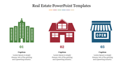 Real estate slide with icons in green, red, and blue, showcasing buildings, a house, and a shop with caption areas.