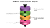 Multicolored marketing funnel diagram with four cylindrical sections, directional arrows, and black funnel openings.