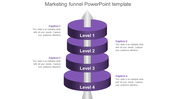 Purple four layer marketing funnel with Level 1 to Level 4 labels, central arrow, and captions on both sides.