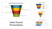 Colorful sales Funnel slide showing 4 stages Sales, financial, marketing, and advertising, with icons and descriptions.