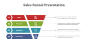 Colorful sales funnel presentation slide showing four stages with corresponding icons and descriptions on a white theme.