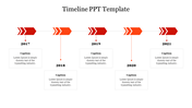 Timeline PowerPoint template with years from 2017 to 2021, each marked with arrows and captions.