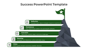 Success diagram featuring a mountain with green progress bars, illustrating key phases from goal setting to evaluation.
