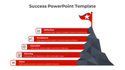 Success PowerPoint slide showing a mountain with a flag at the top and five steps with icons on a red theme and text area.