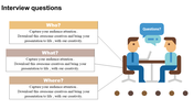 Visual representation of an interview featuring a table, two individuals, and categorized question boxes.