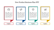 New product business plan slide featuring four vertical banners with business-related icons and captions areas.