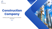 Construction Company slide with crane and skyscraper photo, blue geometric shapes and clean white layout.