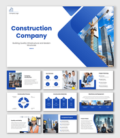 Construction Company slide with crane and skyscraper photo, blue geometric shapes and clean white layout.
