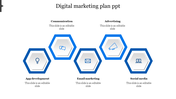 Hexagonal blue and white infographic displaying five digital marketing categories, each with an icon and label.