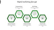 Template showing five green hexagons for various digital marketing steps, each with an icon and caption.