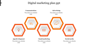 Digital marketing plan slide with five hexagonal sections from app development to social media with icons.