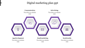 Digital marketing plan PPT slide with icons from app development to social media in purple hexagonal shapes.
