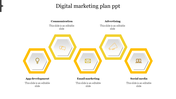 Hexagonal yellow and white infographic displaying five digital marketing categories, each with an icon and label.
