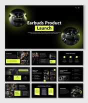Earbuds product launch slides highlighting premium sound, battery life, comfort, pricing, and market strategy.