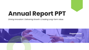 Annual report PPT with green theme, charts, and clean layouts to present company performance and strategy insights.