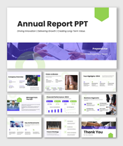 Annual report PPT with green theme, charts, and clean layouts to present company performance and strategy insights.