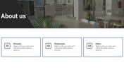 About Us slide featuring a modern office space background with 3 sections for Personal, Professional, and Other categories.