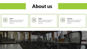 About us slide with three green bordered boxes with a dark office workspace photo below.