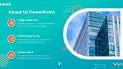 Slide showcasing a building image on the right and three text sections with red icons on a teal background.