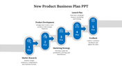 Curved stepwise business plan diagram with blue stages, white icons, arrows, and text labels for product development steps.